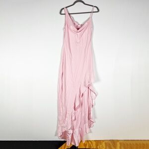 Azeeza Daphne Charmeuse Silk Ruffle Asymmetrical Hem Slip Dress Gown Tea Pink L